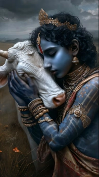 Divine Krishna Embracing Sacred Cow Print wall art print | PrintPosters.in